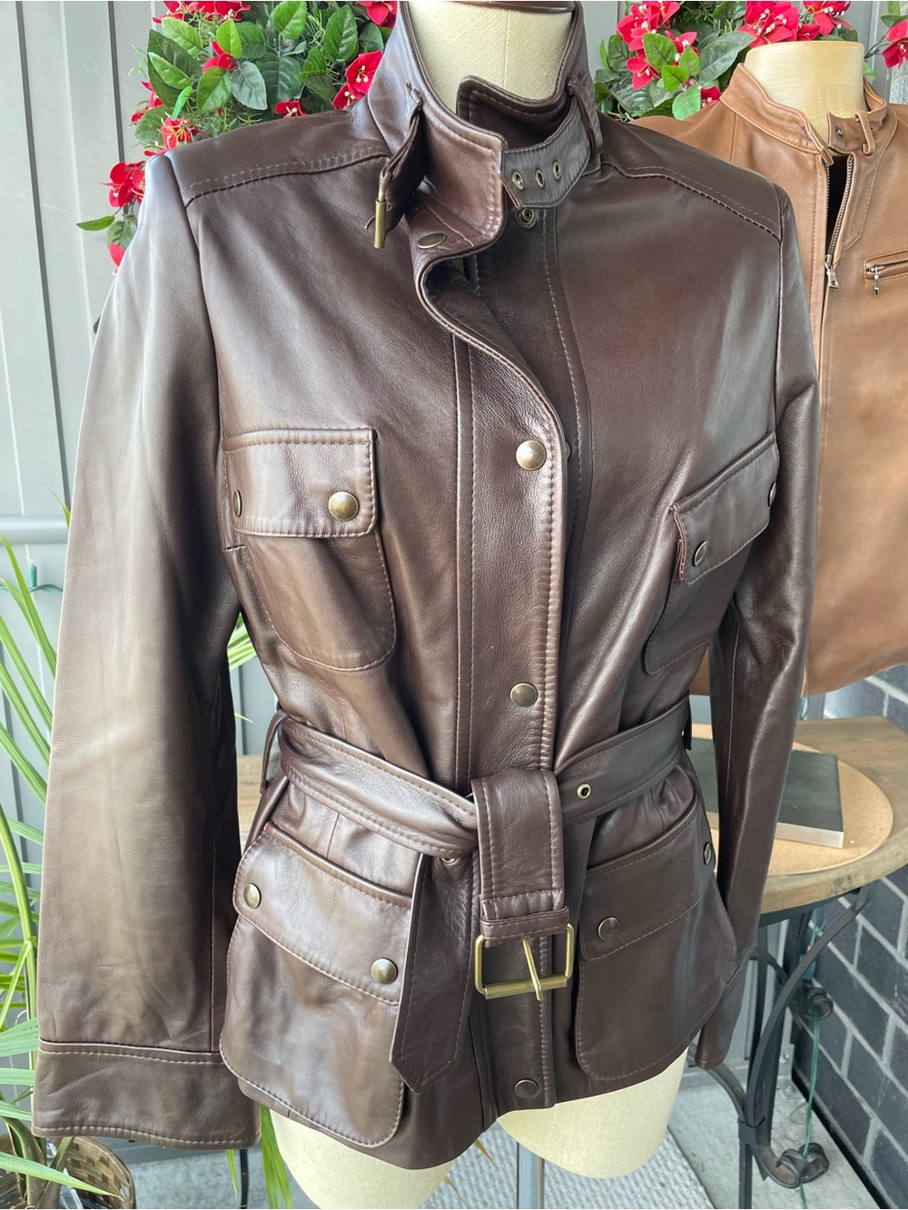 Badgley Mischka Dark Brown Leather Belted Jacket